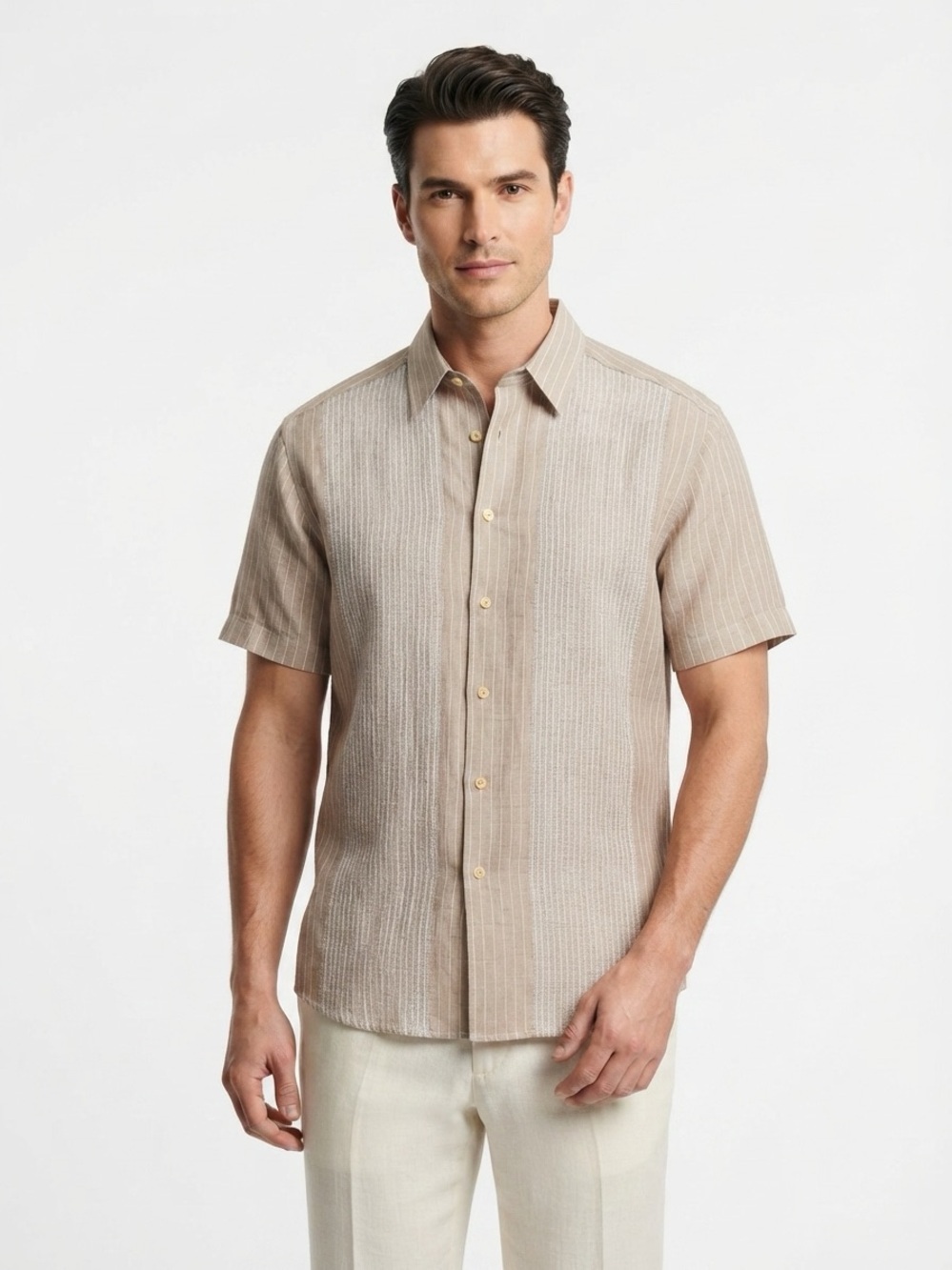 Zanella Short Sleeve Button Down Shirt Vertical Stripe Textured Panel Beige XL